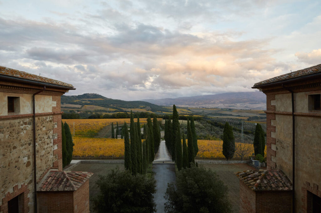 Argiano vineyards and winery on an overcast and rainy day.