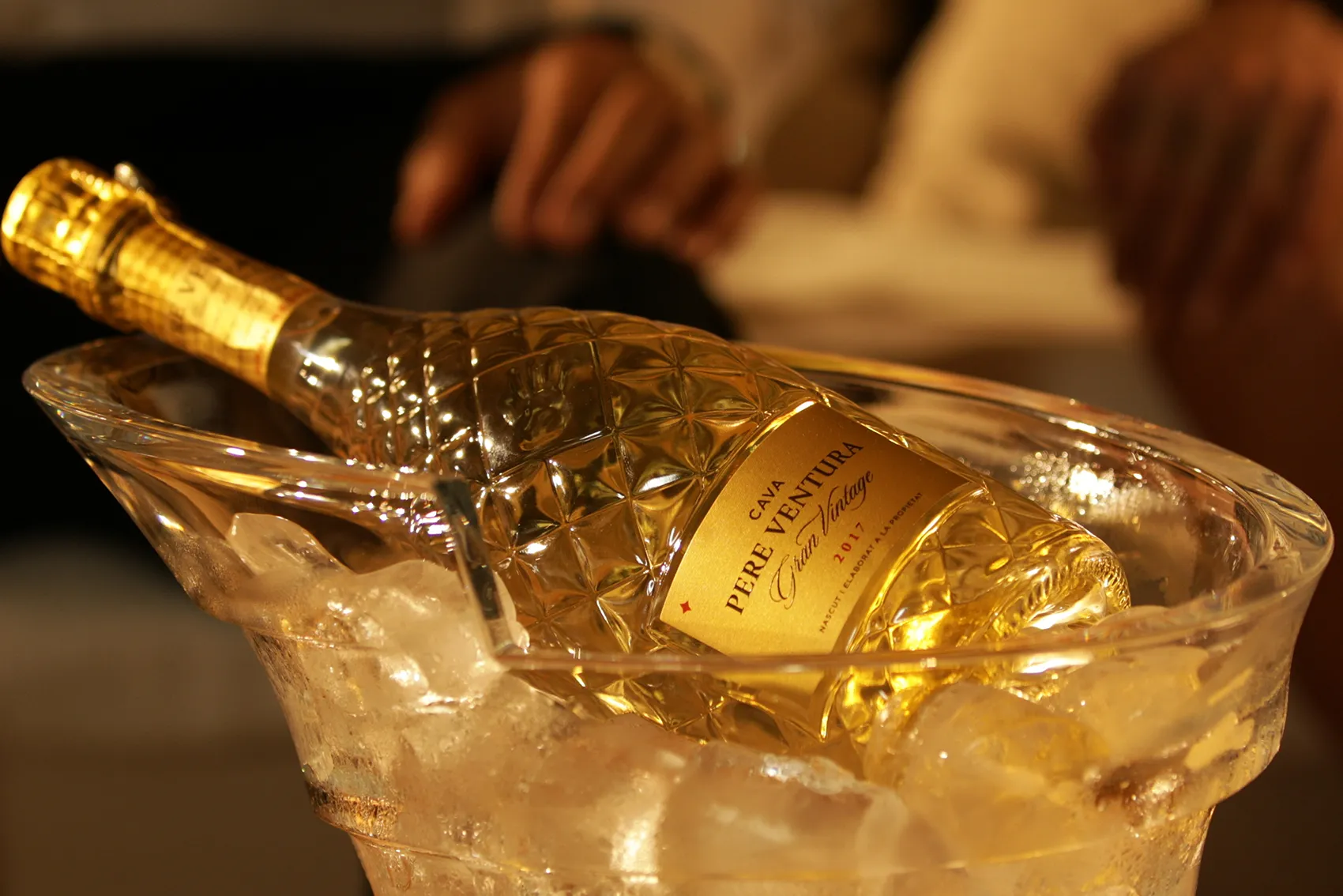 A bottle of Pere Ventura laying in a bed of ice.