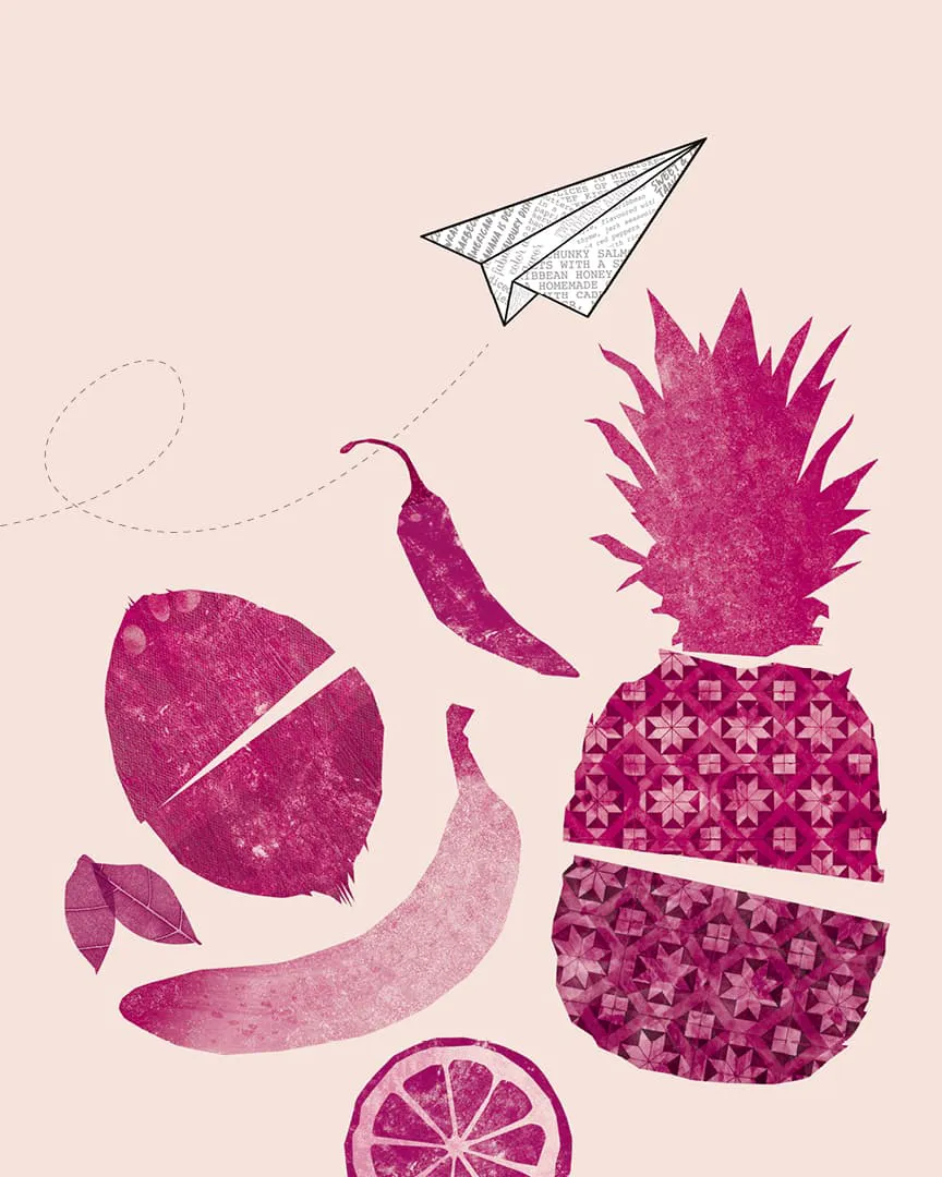 Fruit and paper airplane art