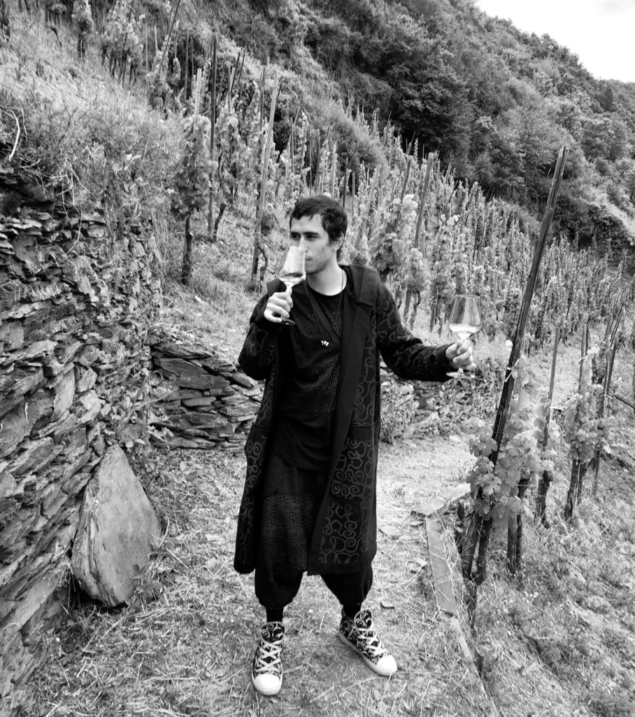 Person standing among hillside vineyards overlooking a winding river and valley.
