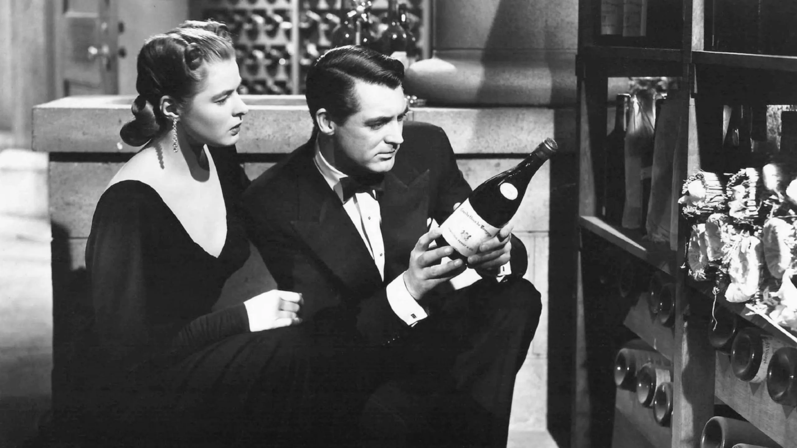 Ingrid Bergman as Alicia Huberman and Cary Grant as T.R. Devlin in a wine cellar scene from Alfred Hitchcock’s 1946 espionage film Notorious