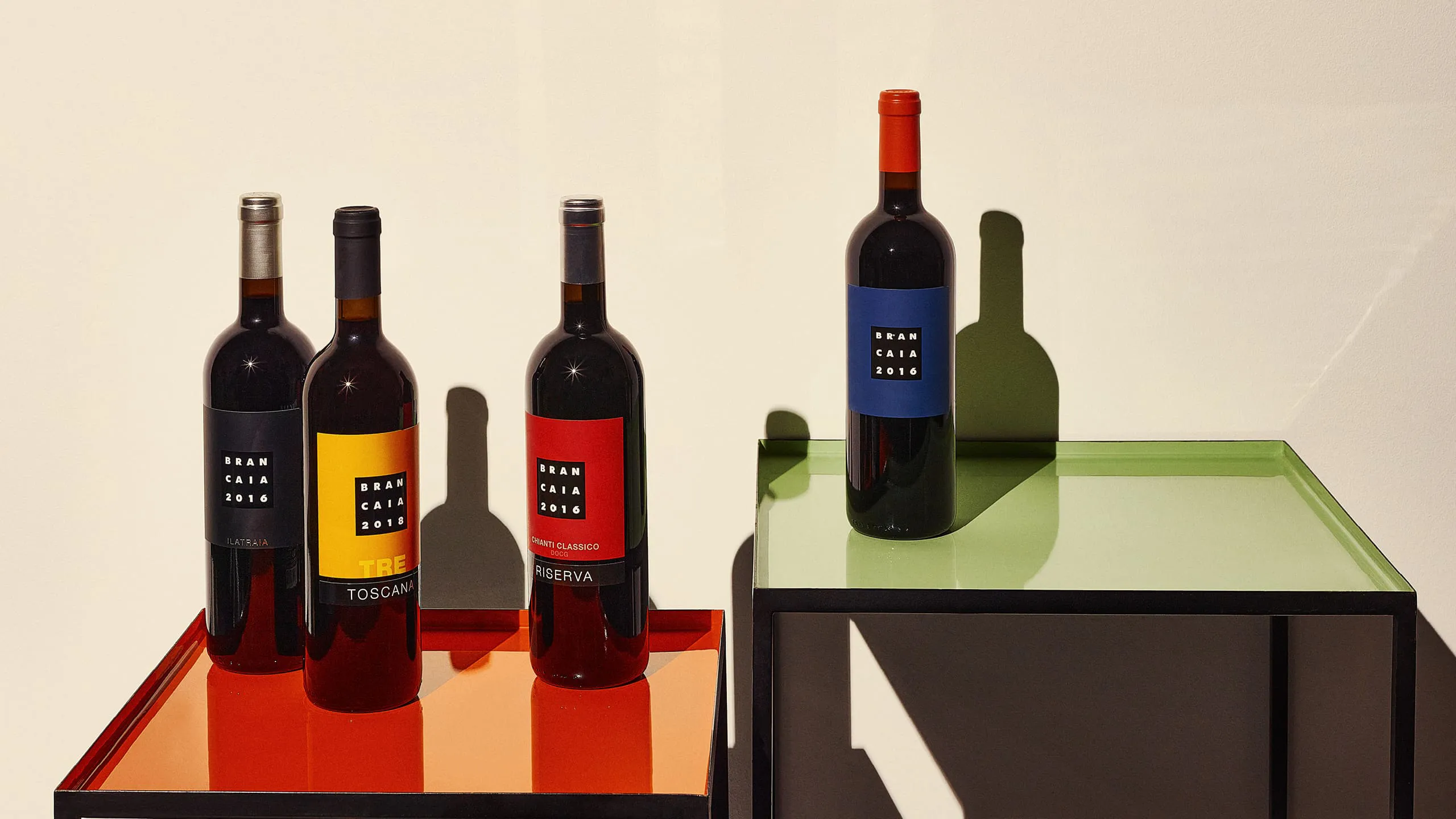 Red wine bottles from the Tuscan winery Brancaia.