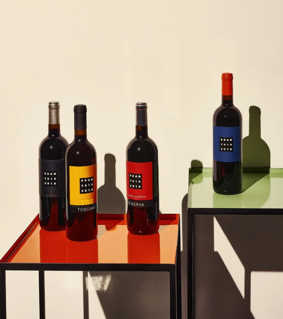Red wine bottles from the Tuscan winery Brancaia.