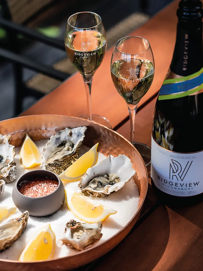 Ridgeview wine bottle with oysters