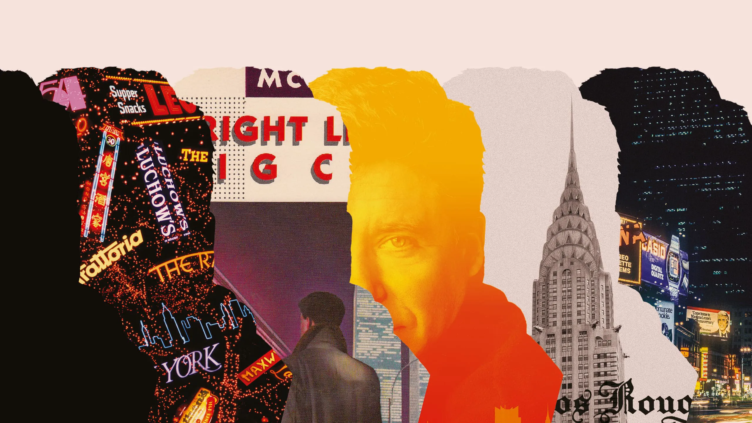 Collage-style image of a man overlaid with bright orange and yellow, surrounded by New York City imagery and neon signs.