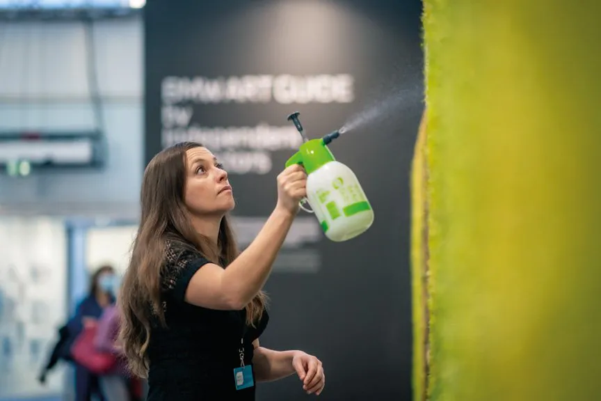 Artist Almudena Romero sprays her canvas of sprouting greens